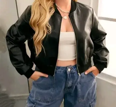 crop black leather jacket for women (S)